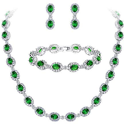 EVER FAITH Damen CZ Hochzeit Braut Oval Teardrop Halskette Ohrringe Armband Set Grün Silber-Ton