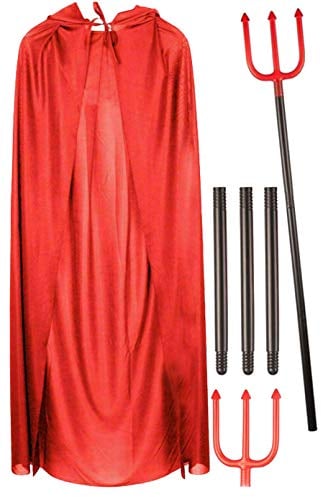 labreeze Red Devil Satin Cape W/hood Pitch Fork Trident 110 cm Halloween Party Costume