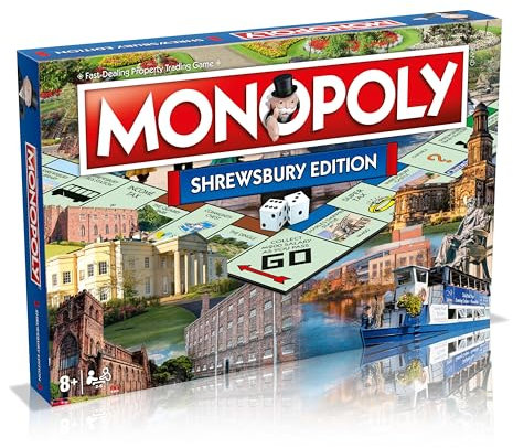 Winning Moves Shrewsbury Town Monopoly-Brettspiel, Advance to Concord College, Shrewsbury Castle und Theatre Severn und tauschen Sie Ihren Weg zum Erfolg, 2–6 Spieler sind EIN tolles Geschenk für