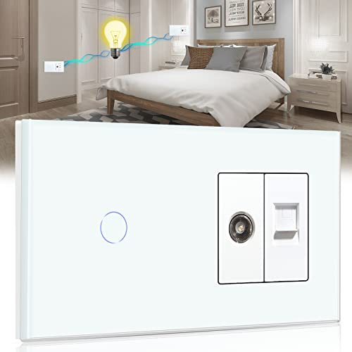 BSEED Touch Lichtschalter mit Steckdose 1 Fach 2 Weg mit Cat5 RJ45 Steckdose TV Antenne Koaxial und Ethernet Wandsteckdose Glas Platte Steckdose mit Lichtschalter Weiß