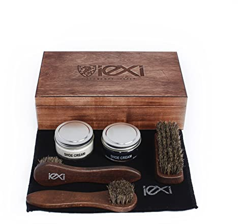 IEXI Ethic Kit - Kit avec Boîte en Bois pour Soins et Entretien Cuir Chaussures, Sacs, Ceintures et autres accessoires Made in Italy - Kit avec 3 Brosses, 2 Crèmes et Tissu - Idée Cadeau
