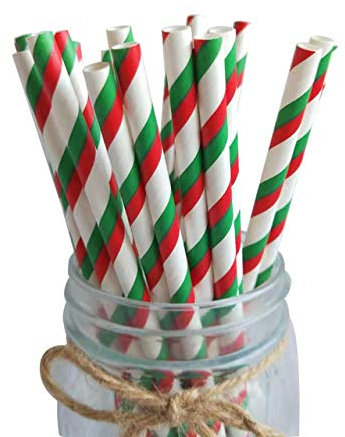 50PCS Christmas Paper Straw Drinking Cocktail Straws Biodegradable Red Green Striped Party Straws for Christmas, Birthday, Wedding, Baby Shower Party Supplies