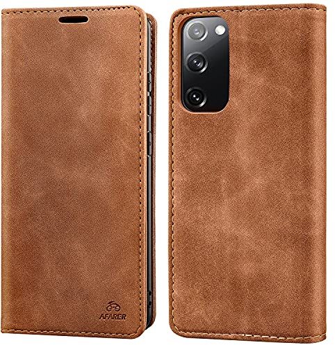 AFARER Handyhülle für Samsung Galaxy S20 FE, mit Magnetverschluss klapphülle, Brieftasche Klappbar Ledertasche Leather Wallet case Stoßfest Schutz mit Kartenhalter,Klappständer Ständer - Braun