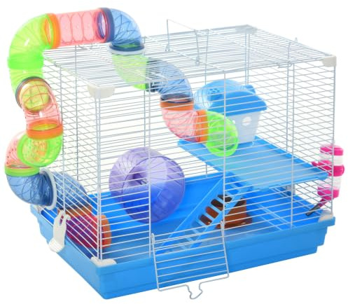 PawHut 2-Level Hamster Cage Rodent Gerbil House Mouse Mice Rat Habitat Metal Wire with Exercise Wheel, Play Tubes, Water Bottle, Food Dishes, & Interior Ladder