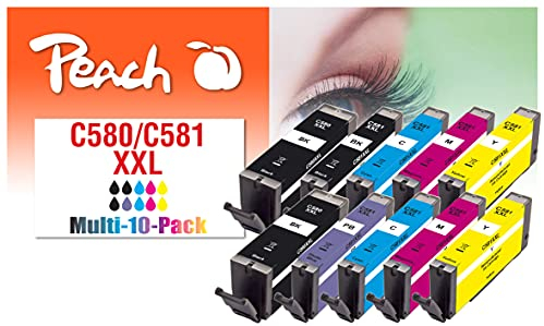 Peach C580/581 10er-Pack Druckerpatronen XL (2xBK, PBK, 2xC, 2xM, 2xY, blau) ersetzt Canon PGI-580XXL, CLI-581XXL für z.B. Canon Pixma TR 8550, Canon Pixma TS 6350, Canon Pixma TS 8350