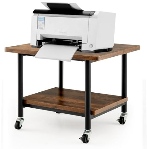 GOPLUS Druckertisch mit Arretierbaren Räder, Rollcontainer mit 2 Ablagen, Rollwagen für Schreibtisch, Drucker Ständer aus Holz, um 360° Drehbare Räder, Multifunktionswagen für Zuhause Büro (Braun)