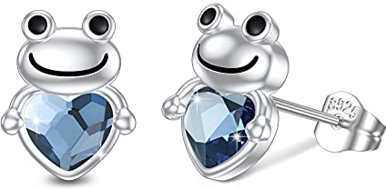 Boucles d'oreilles grenouille en argent sterling 925 - Boucles d'oreilles en forme d'animal - Cristaux hypoallergéniques - Cadeau pour filles et femmes
