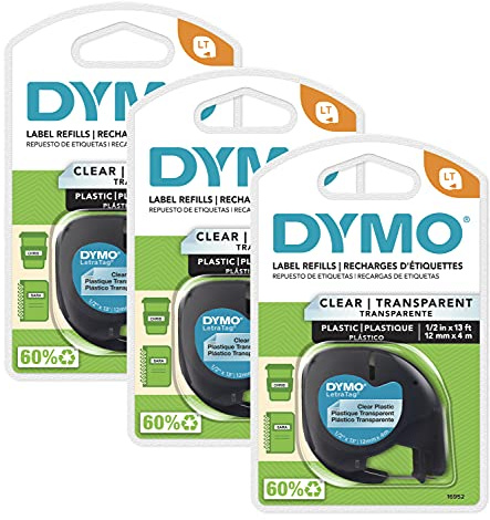 DYMO LT Beschriftungsband für LetraTag Etikettierer, schwarzer Druck auf transparenten Etiketten, 1/2 Zoll x 13 Fuß Rollen, 3 Stück