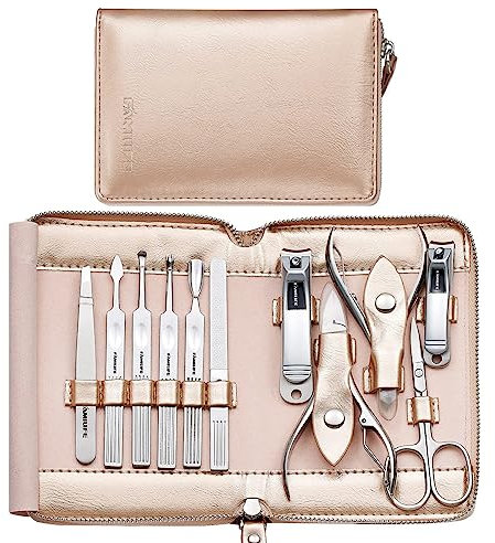 FAMILIFE Gifts for Women, Manicure Set Professional Manicure Kit 11 in 1 Nail Kit Nail Clippers Tools Stainless Steel with Rose Gold Leather Case Travel Sets