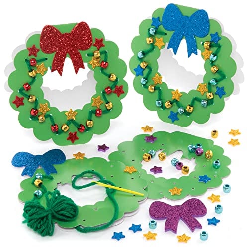 Baker Ross FE919 Weihnachtskranz Kreuzstich Weihnachtskarten Bastelsets - 6er Pack, Weihnachtskarten Basteln für Kinder, Einführung Nähen und Kreuzstich für Kinder