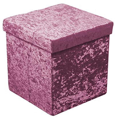 HomeHarmony® Crushed Velvet Quilted Top Folding Storage Ottoman Seat, Stool, Toy Storage Box (Medium Pink)