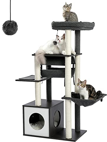 PAWZ Road Arbre à Chat en Bois Design Plateforme Arbre a Chat Moderne avec Tunnel Suspendu 130cm (Noir)