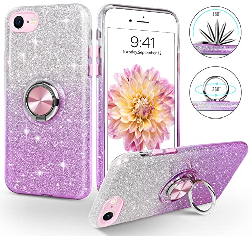 SouliGo iPhone SE 2022 Hülle Glitzer, iPhone 7/8/SE 2020 Handyhülle Silikon Case Cover mit 360 Grad Ring Halter Ständer stabil Kratzfest Hülle für iPhone 7/8/SE 2020 2022 5G Bling Violett
