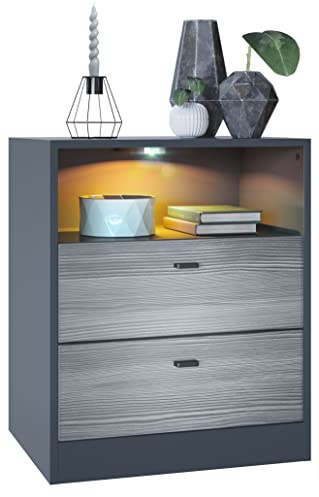 Vladon Kommode Pino V1, Made in Germany, Nachttisch mit 2 Schubladen & 1 offenem Fach, Anthrazit matt/Avola-Anthrazit mit LED RGB (56 x 67,5 x 36 cm)