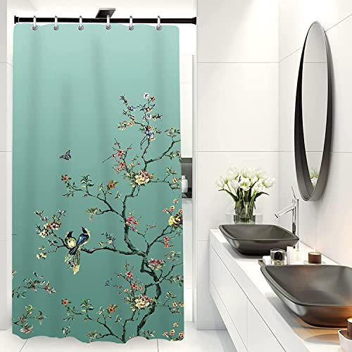 LIVETTY Rideau de douche en tissu résistant à la moisissure pour homme et femme avec 12 crochets Motif oiseau vert 90 x 180 cm