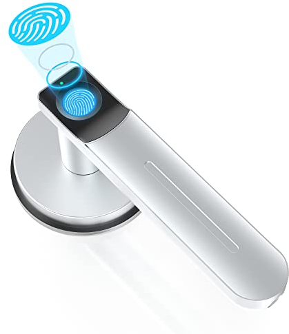 Foxgard Serrure de porte intelligente à empreintes digitales, bouton de porte d'entrée sans clé avec poignée, bouton de porte biométrique, serrure de porte de chambre pour chambre/bureau (argenté)