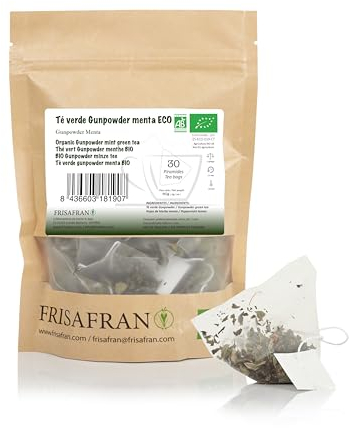 FRISAFRANO | Tè verde alla menta polvere da sparo in piramidi Bio 30Un | 60g | Antiossidante | tè verde giapponese | Digestivo | bevanda rinfrescante | Infuso | puro | Foglie di menta | caldo-freddo