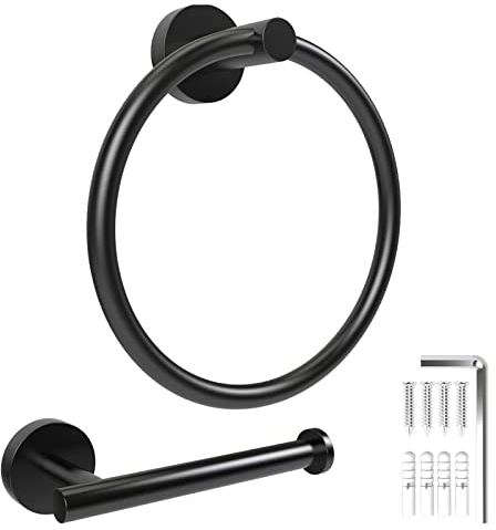 Bathroom Hardware Set, 2 Pieces Matte Black Toilet Paper Holder and Towel Ring Wall Mounted Toilet Paper Roll Holder & Hand Towel Holder Made of Thicken Stainless Steel