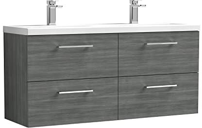 nuie ARN524F Arno Modern Bathroom Wall Hung 4 Drawer Double Vanity Unit with Twin Ceramic Basin, Anthracite