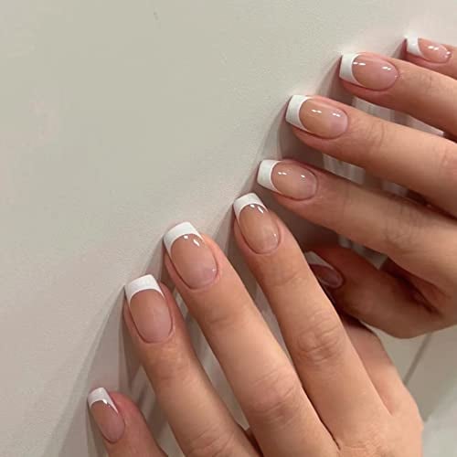 French False Nails Short, 48Pcs Nude White Fake Nails, Press on Nails with Designs, Acrylic Stick on Nail, Full Cover Artificial Tips for Women Girls Nail Decorations (48Pc Nude French)