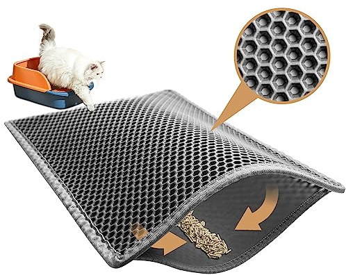 Garoopion Tappetino Lettiera Gatto, Taglia Grande 76x61cm Tappeto Lettiera Gatto, EVA Impermeabile Doppio Strato a Nido D'ape, Grigio, 3 Lato Collegato