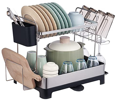 VEVOR Égouttoir Vaisselle Cuisine 2 Niveaux Séchoir à Vaisselle Inox et PP Antirouille Porte-Vaisselle avec Bac d’Égouttage Porte-Ustensiles Amovible Bec 360° Range Assiettes Gobelets Couverts Cuisine