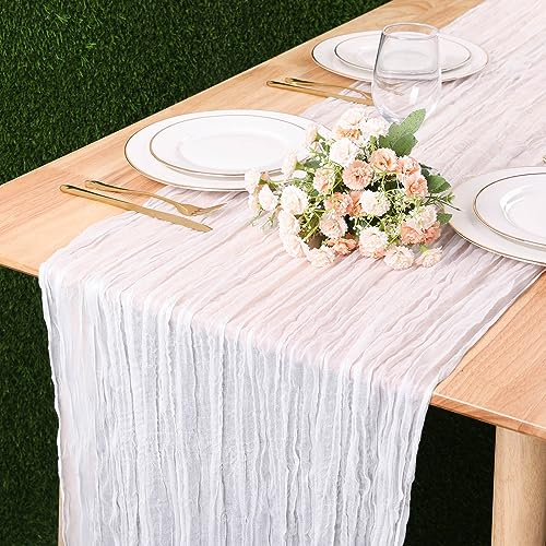 Kesfey Seihtuch-Tischläufer, Boho-Gaze, Seihtuch, rustikal, durchscheinend, für Hochzeit, Brautparty, Babyparty, Geburtstag, Party, Kuchen, Tischdekoration, 4 m, Weiß