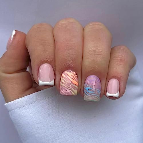 JUSTOTRY 24 Pcs Multi Colour Wavy Short False Nails Square Pattern,White Press on Nails Short,Trendy Fake Nails Medium with Nail Glue,Stripes Squoval Stick on Nails for Women and Teens Nails Art