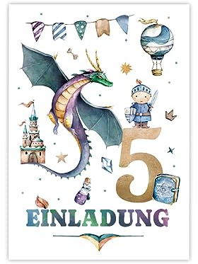 6 Einladungskarten zum 5. Kindergeburtstag Junge Ritter Drache Jungsgeburtstag Einladung zum fünften Geburtstag Kinder Motto-Party Einladungsset