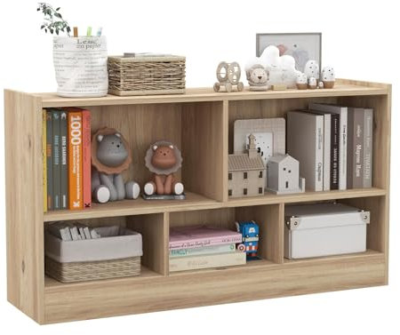 KOMFOTTEU Bibliothèque Ouverte, 5 Casiers de 2 Tailles différentes, Meuble de Rangement en Bois avec Pieds Antidérapants, pour Livres & Jouets, 111 x 30 x 61,5 cm (Naturel)