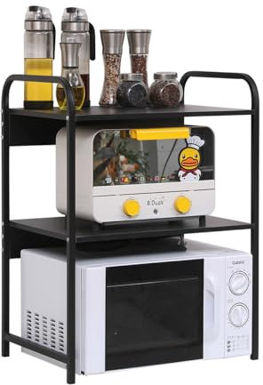 3 Tiers Microwave Oven Rack Kitchen Unit Storage Baker Shelf for Tabletop Countertop, Home Office Desktop Printer Rack Shelf Free Standing Metal Frame with Wood Tabletop (3 Tiers Black)