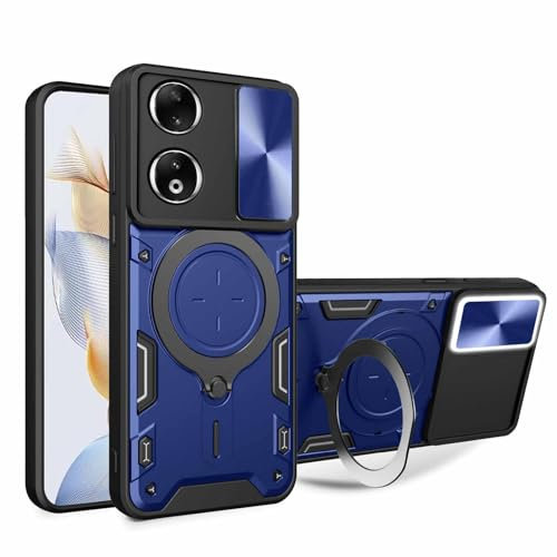 HAOYE Cover per Huawei Honor 90 5G con Porta Anelli Invisibile, Custodia con Copertura della Fotocamera Scorrevole, PC e Silicone TPU Case, Blu
