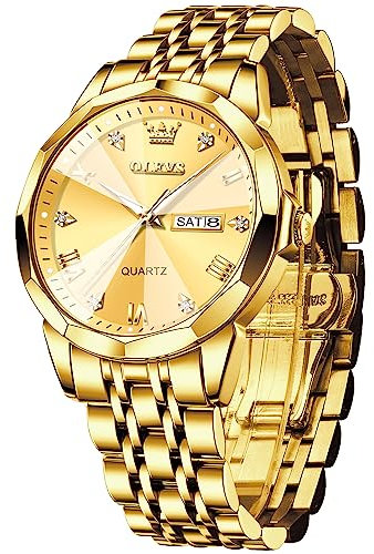 OLEVS Montres pour Hommes Diamond Business Wear analogique Quartz Acier Inoxydable étanche Lumineux Date Bicolore Luxe Casual Watch,Doré