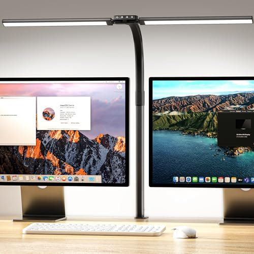 Quntis Led Desk Lamp Double Head, 78CM Dimmable Desk Lights for Office Flexible Gooseneck Clamp Light, 5 Color Modes Eye Caring Table Lamp Monitor Light Bar for Study, Reading, Work, Painting