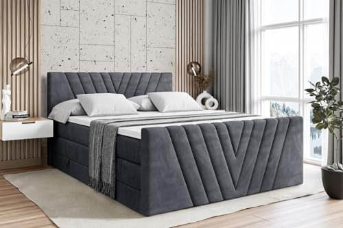 ALTDECOR Boxspringbett mit Matratze und Lattenrost, Topper, Fußteil,Polsterbett mit Bettkasten, Bett mit Stauraum H3- und H4- Matratze, Doppelbett - ERNINA-Z King - 200x200 - Dunkelgrau Samt