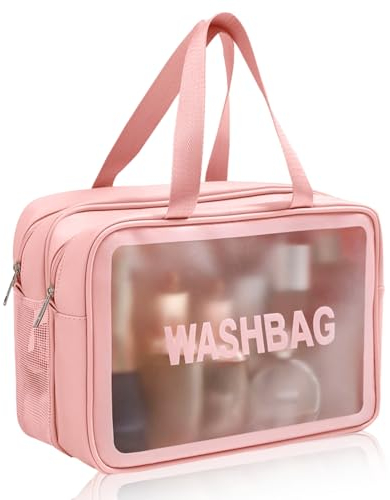Reise Kosmetiktasche Kulturtasche Damen Durchsichtig Kulturbeutel Wasserdicht Make up Tasche Tragbare Schminktasche Makeup Durchsichtige Tasche Waschtasche Cosmetic Bag 28 x 12 x 15 cm (Rosa)