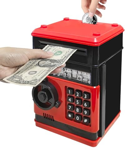 Vommery Spardose für Kinder Spielzeug, Elektronische Mini -Geldautomaten Safe, Geldsparbox mit Passwort Code Lock & Auto Money Scroll,Geburtstag Weihnachten Geschenk für Jungen, Mädchen (Schwarz-Rot)