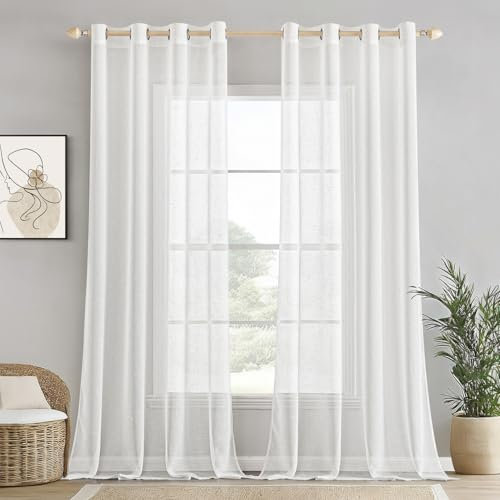 EMEMA Voile Vorhang Sheer Leinenvorhang Transparente Leinen Gardinen Ösenschal Wohnzimmer Wohnzimmer Modern 2er Set Fensterschal Dekoschal Schlafzimmer mit Ösen 140 x 280cm (B x H) Weiß
