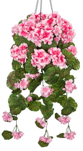 Arborus Hanging Basket Artificial Pink Geranium Flowers in Basket Fake Silk Flowers Hanging Baskets Faux Spring Flower Front Door Plants for Indoors Home Wedding Decoration