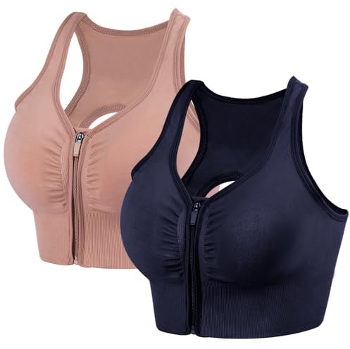 dowskwx 2 Pack Sport BH Damen mit Reißverschluss Vorne, Starker Halt Nahtlos ohne Bügel Gepolstert Sports Bra (Marine Rosa, M)