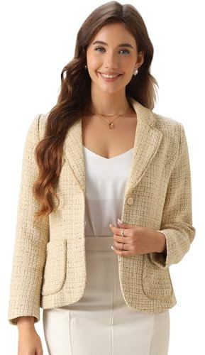 Allegra K Veste en Tweed à Carreaux Femme avec Bouton à Revers Cranté Blazer Élégant à Manches Longues Abricot XL