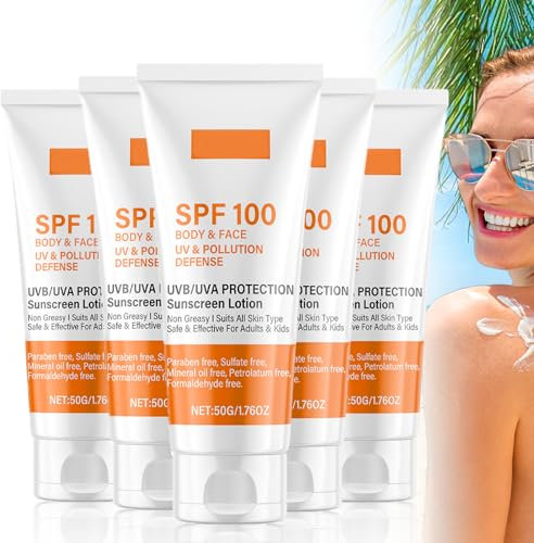 Sunscreen Spf 100, Soins du Visage et Le Corps Crème Solaire, Rafraîchissante Hydratante, Non Grasse, avec UVB/UVA Écrans Solaires 50g, pour les Voyages, Protection Solaire Quotidienne (5 Pièces)