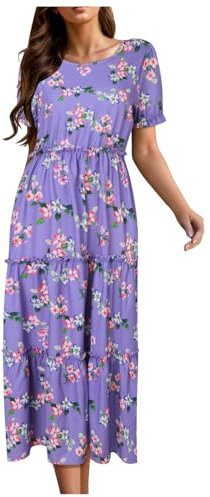 Verano Casual Bohemio Floral Vestidos Para Las Mujeres 2024 Puff Manga Corta Vestido Largo Maxi Con Bolsos Vestido De Encaje, Lila., L