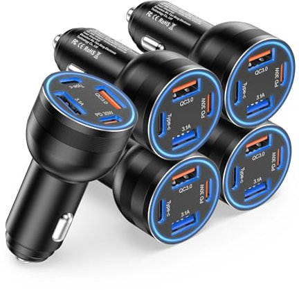 5-Pack Zigarettenanzünder Ladegerät, 65W 4 Ports kfz Ladegerät 12v USB C Rapide Adaptateur Voiture, PD3.0 et QC3.0 Chargeur Allume Cigare Prise Secteur pour iPhone 16 15 Pro Max, iPad,Samsung S25 S24