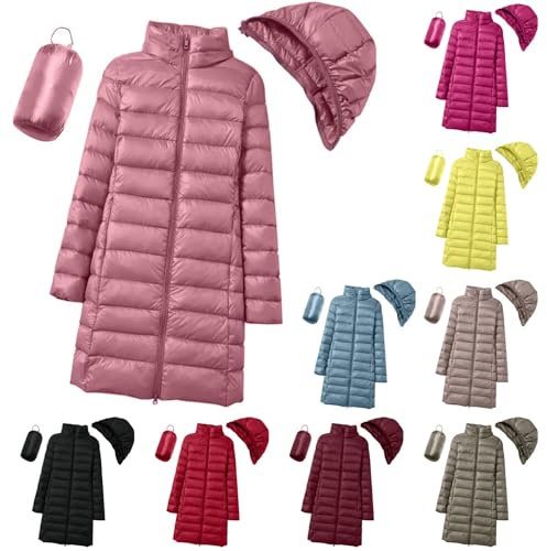Lange Daunenjacke Damen Outdoor Leichte Steppmantel Packable Down Federleichte Jacke Pufferjacke Winter Warme Freizeitjacke Kapuze Wind- und Wasserabweisender Daunenmantel Wanderjacke