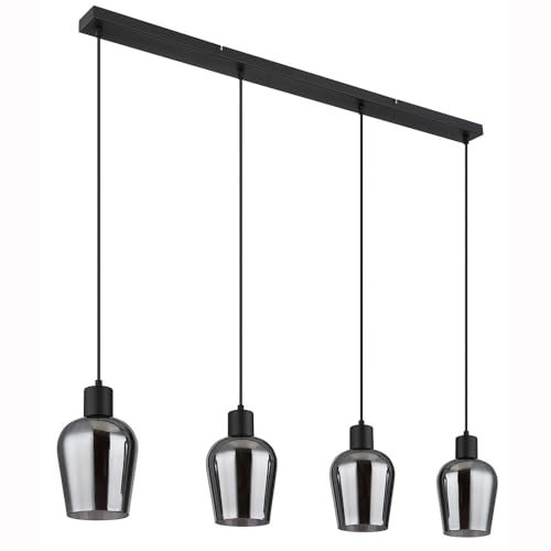 Hängelampe Esstischleuchte 4 flammig Retro Pendelleuchte Rauchglas Wohnzimmerlampe, Metall schwarz, 4x E27, LxH 103,5 x 150 cm