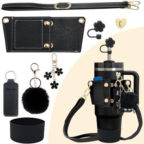 SHEGZHUC Stanley Cup Lot de 7 accessoires pour tasse de 880 à 1180 ml, avec sangle réglable, couvercle pour paille et housse de protection, 4 accessoires de remorque (noir)