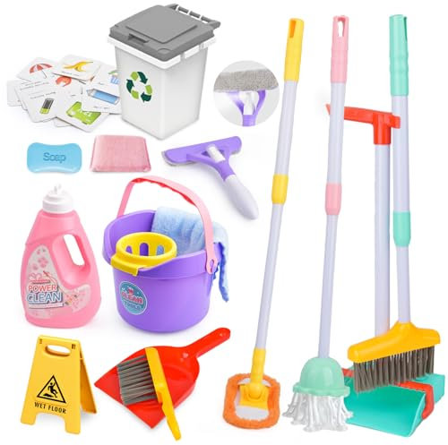 15PCS Kids Cleaning Toy Set,Toddler Adjustable Mop Broom & Dustpan Set, Pretend Housekeeping Cleaning Tool Toys for Children,Montessori Learning Gift Christmas Birthday Toys for Boy Girl Age 3 4 5 6