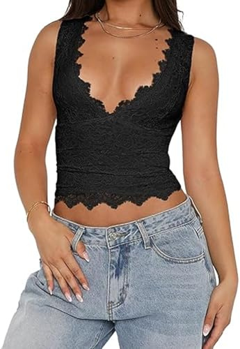 RUIWANBBY Womens Sexy V-Neck Going Out Cropped Tank Tops Sleeveless Corset Crop Tops Y2K Trendy Lace Camisole Vest Streetwear