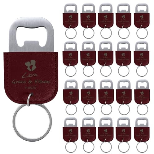 20 Pcs Décapsuleurs Personnalisés pour Cadeaux de Mariage, Ouvre Bouteille en Cuir, Porte-Clés Personnalisé, Logo de Texte Gravé, Bordeaux